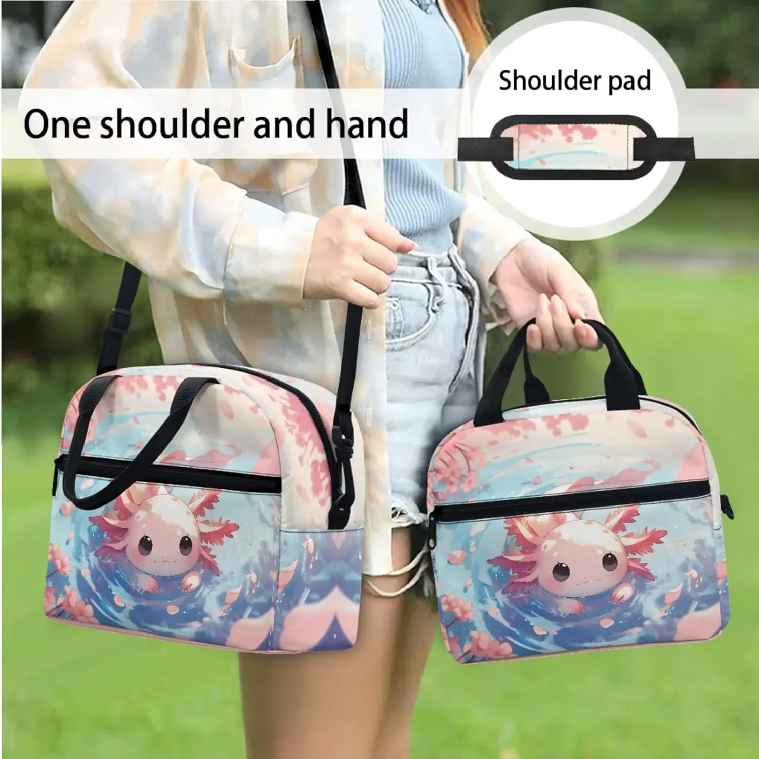 Cute Backpack School Bag Set for Kids Axolotl Backpacks for Girls Insulated Lunch Bag Pencil Case Bag 3 Pieces Student Daypack Set
