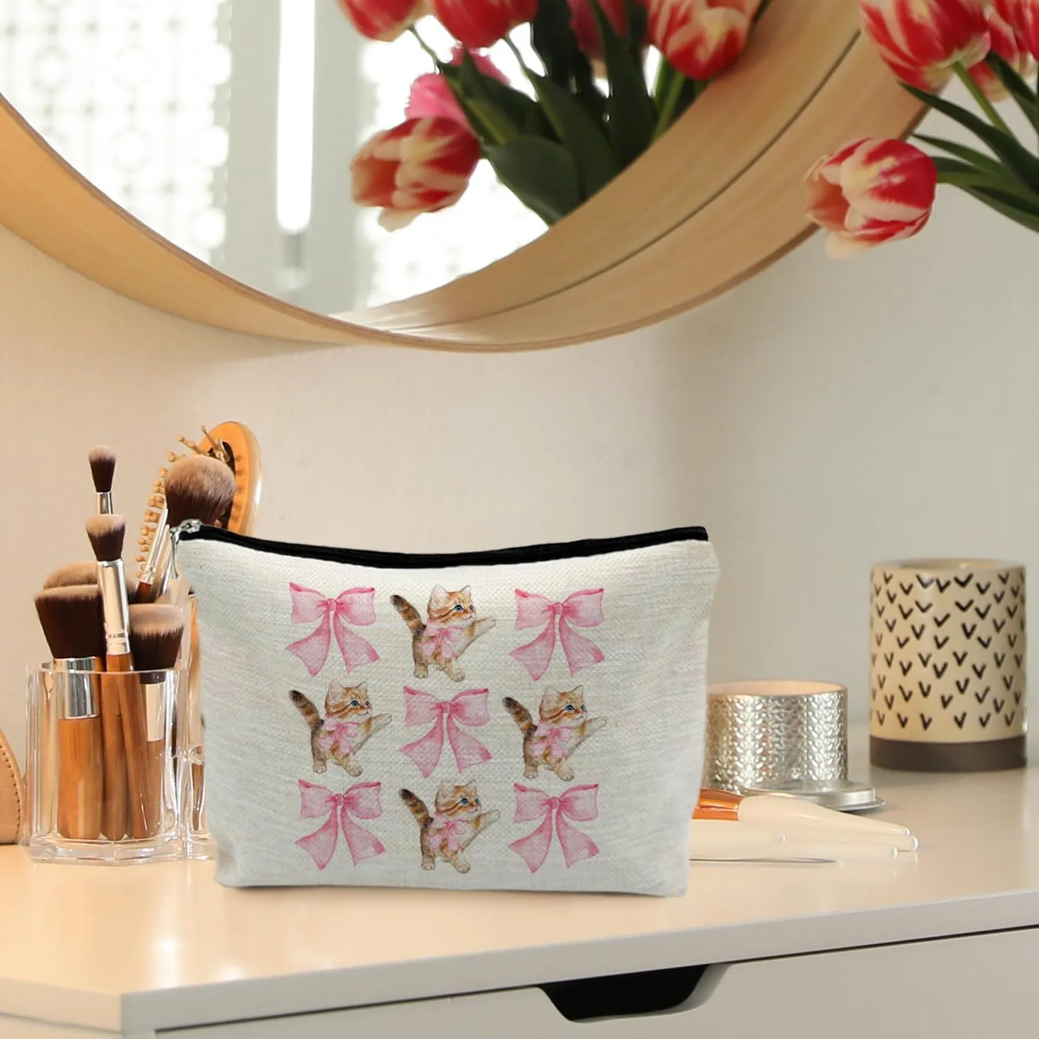 Cute Cat Makeup Bag, Cat Gifts for Women, Cat Mom Gifts for Women, Cat Lady Gifts, Pink Bows Cat Cosmetic Bags Toiletry Bag for Women, Cat Makeup Pouch, Cat Accessories for Women