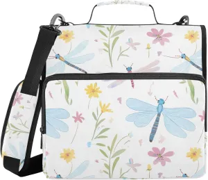 Cute Dragonfly White Binder with Extra Pockets with Shoulder Strap & Handle Laege Capacity 1.5 Inch 3 Rings Pencil Case Portfolio Binder Stationery Organizer Supplies