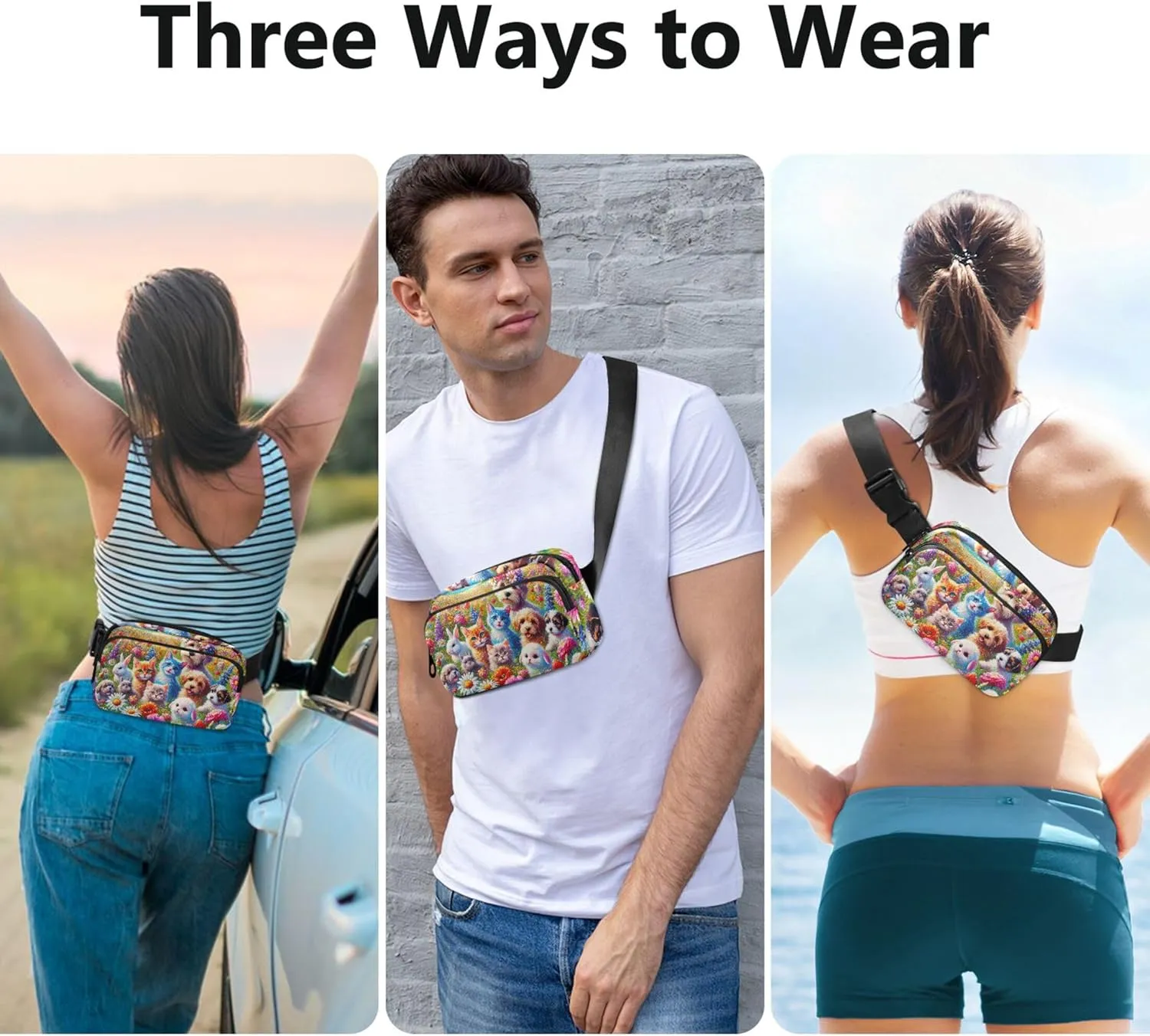 Cute Puppies Kittens Flower Meadow Waterproof Women Fanny Pack Belt Bags Hip Pack Bright Colored Crossbody Waist Pack