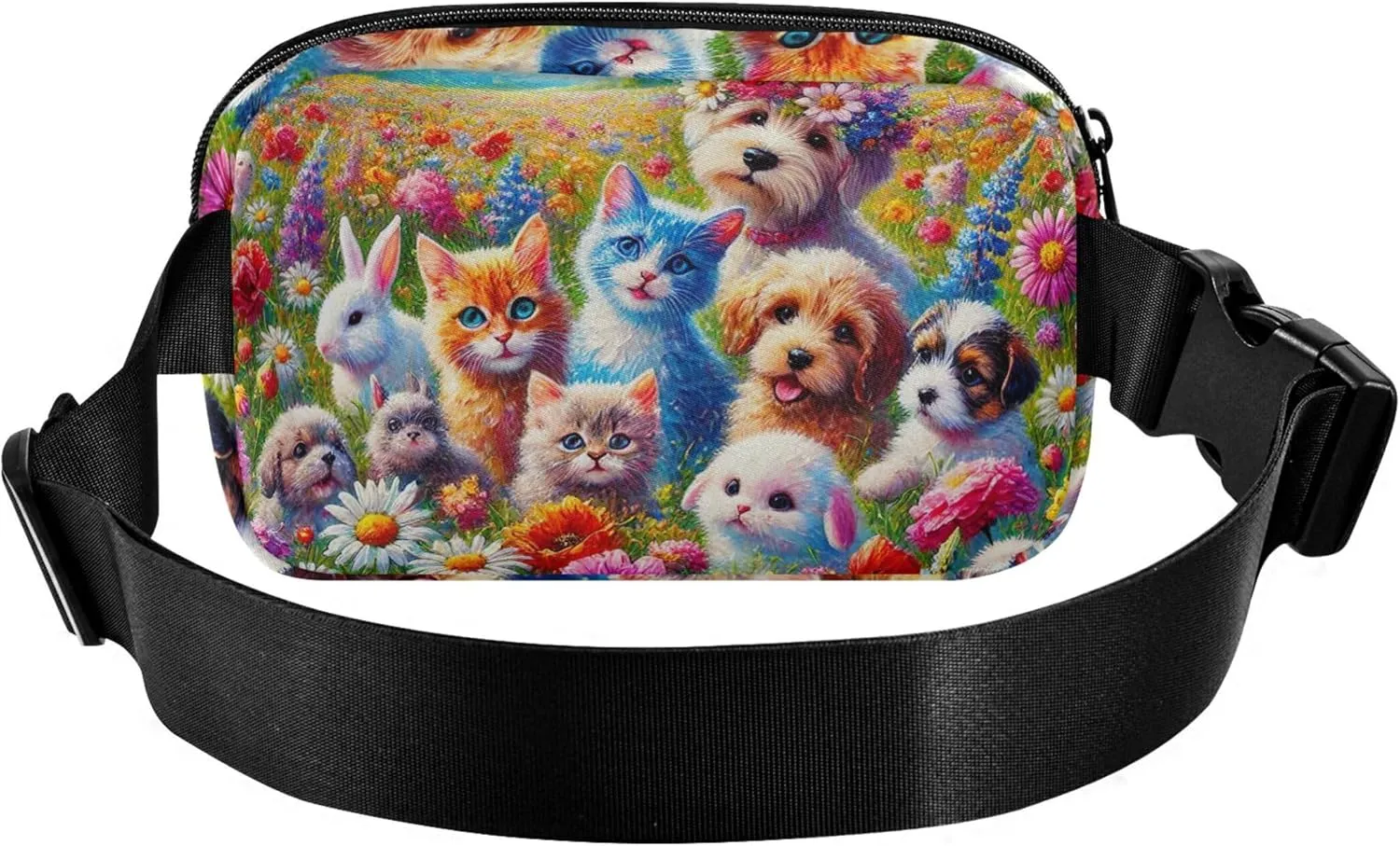 Cute Puppies Kittens Flower Meadow Waterproof Women Fanny Pack Belt Bags Hip Pack Bright Colored Crossbody Waist Pack