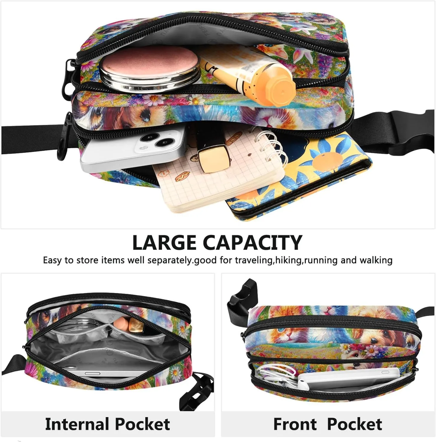 Cute Puppies Kittens Flower Meadow Waterproof Women Fanny Pack Belt Bags Hip Pack Bright Colored Crossbody Waist Pack