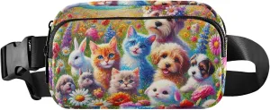 Cute Puppies Kittens Flower Meadow Waterproof Women Fanny Pack Belt Bags Hip Pack Bright Colored Crossbody Waist Pack