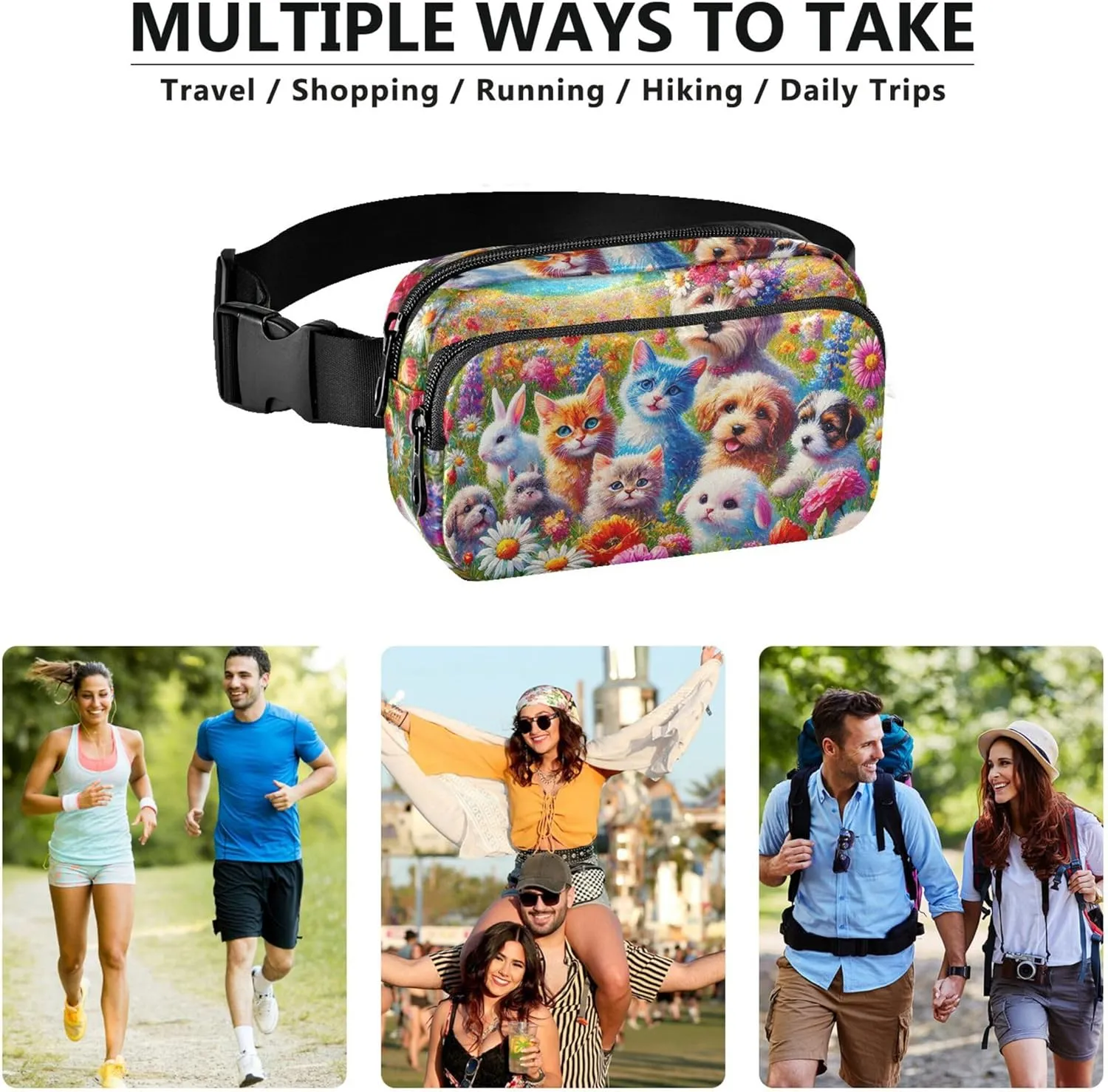 Cute Puppies Kittens Flower Meadow Waterproof Women Fanny Pack Belt Bags Hip Pack Bright Colored Crossbody Waist Pack