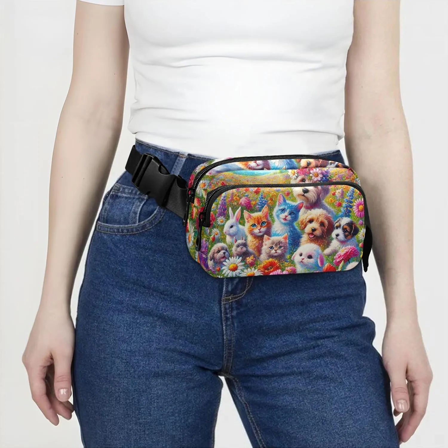 Cute Puppies Kittens Flower Meadow Waterproof Women Fanny Pack Belt Bags Hip Pack Bright Colored Crossbody Waist Pack