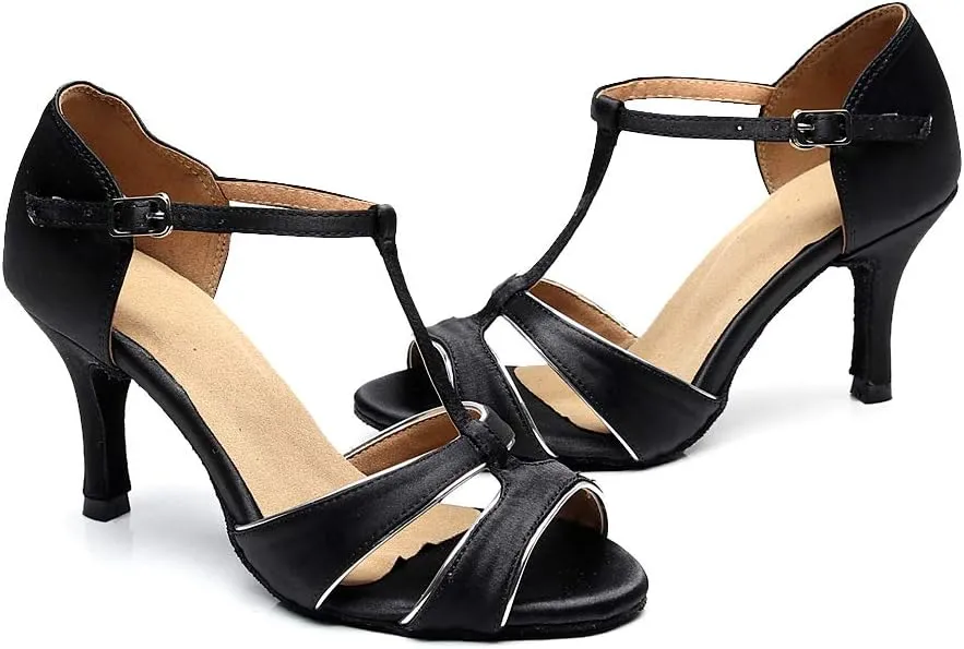 Dancine Ballroom Latin Social Salsa Tango Dance Shoes,Double-Layer Heel Tip,Premium Satin Ballroom Dance Shoes Women Heel Sandals Women Latin Salsa Bachata Performance Dance Shoes 7.5cm Heel