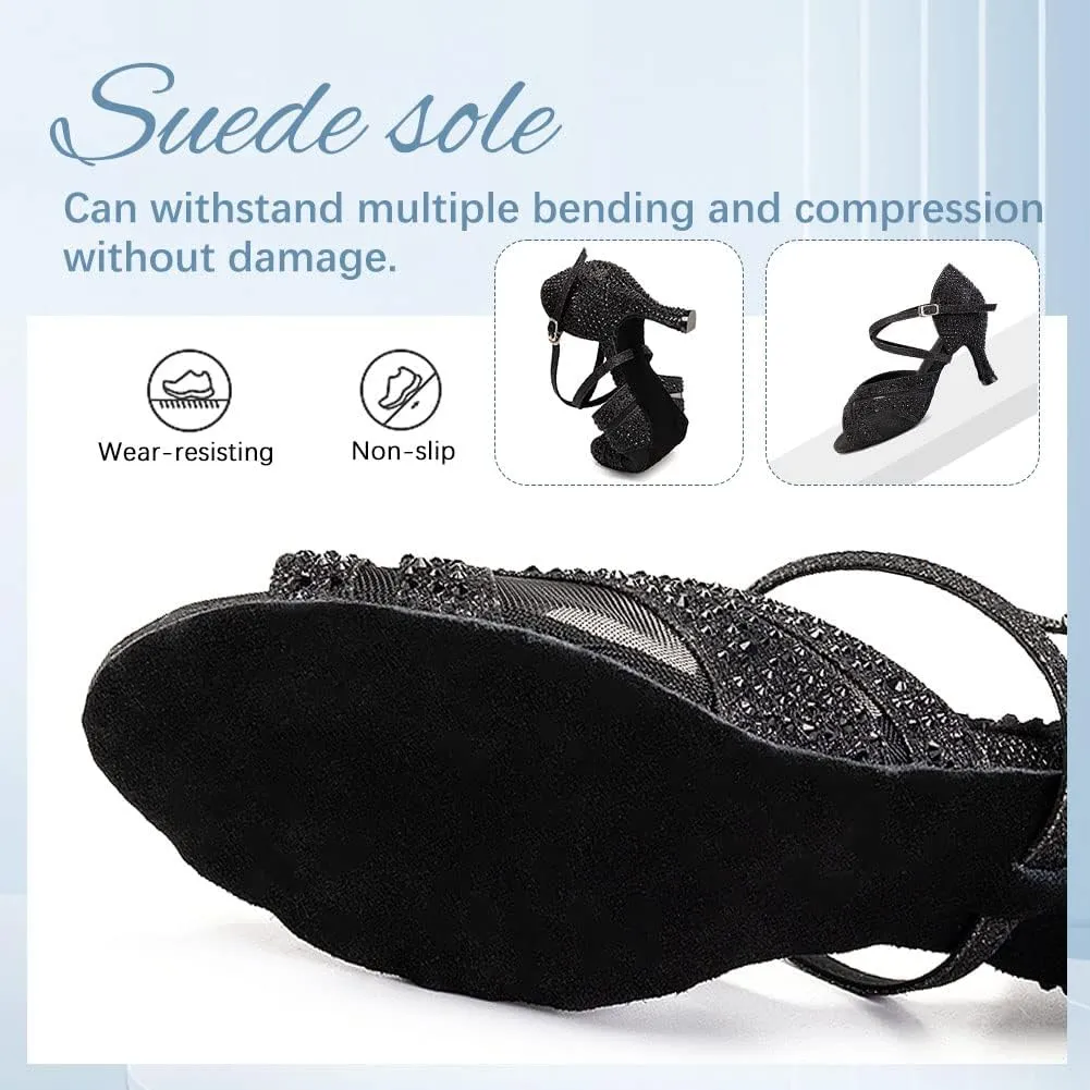 DKZSYIM Women Rhinestone Latin Ballroom Dance Shoes Bachata Salsa Practice Performance Dance Shoes,Model QJW1025