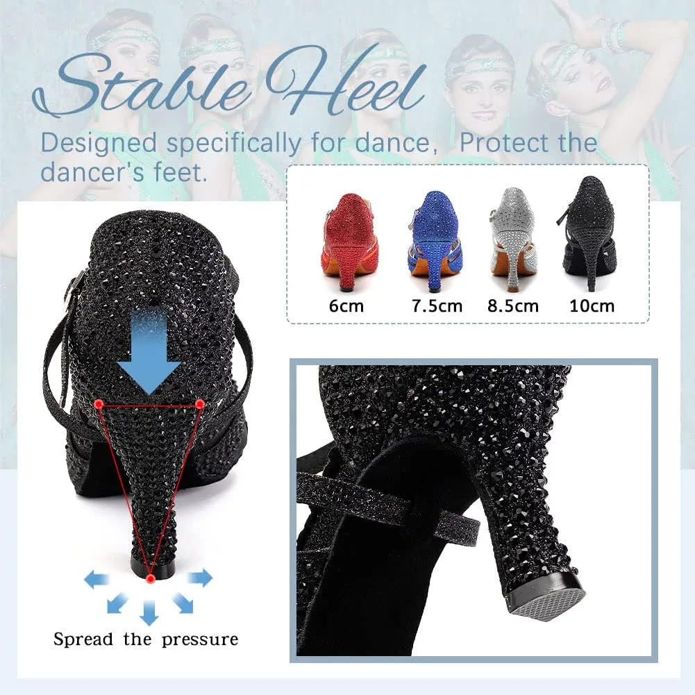 DKZSYIM Women Rhinestone Latin Ballroom Dance Shoes Bachata Salsa Practice Performance Dance Shoes,Model QJW1025