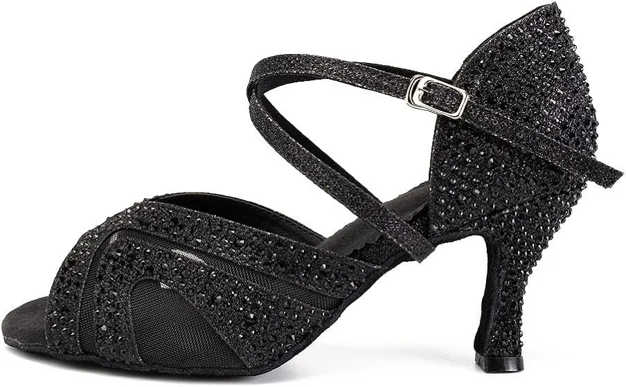 DKZSYIM Women Rhinestone Latin Ballroom Dance Shoes Bachata Salsa Practice Performance Dance Shoes,Model QJW1025