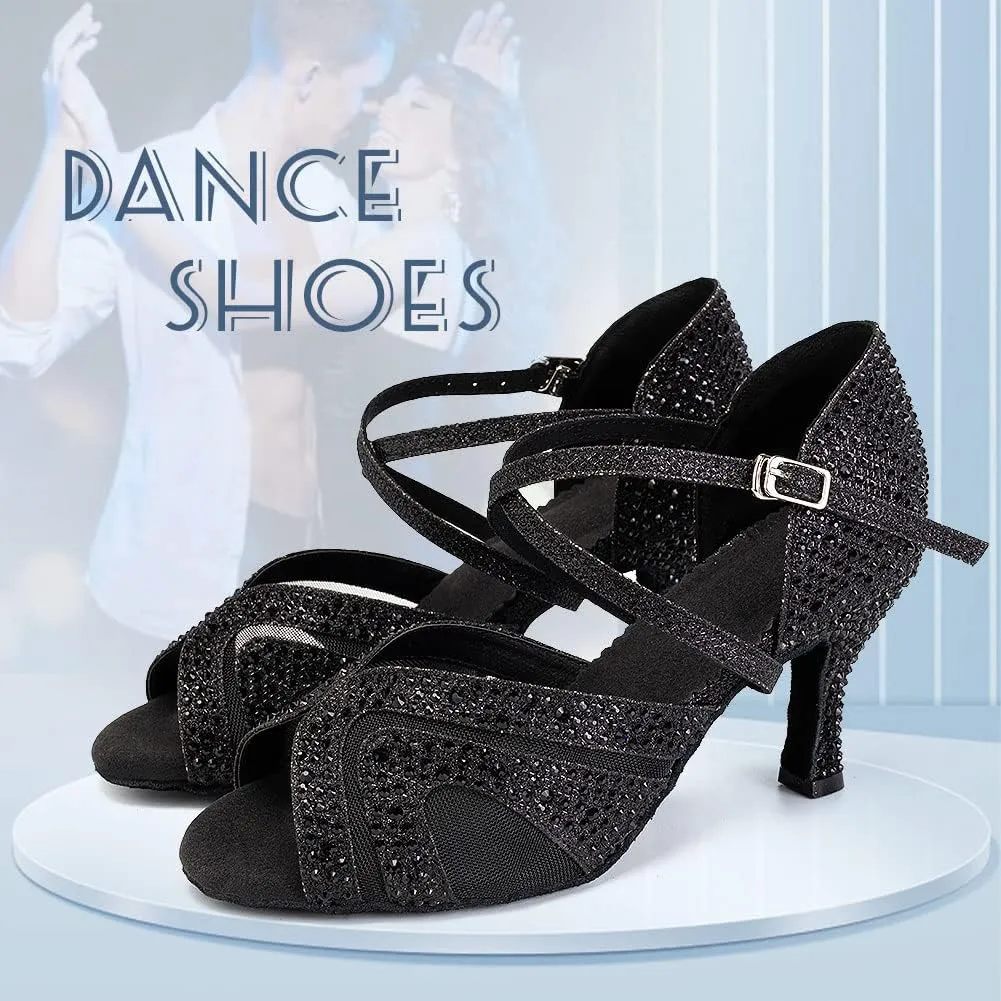 DKZSYIM Women Rhinestone Latin Ballroom Dance Shoes Bachata Salsa Practice Performance Dance Shoes,Model QJW1025