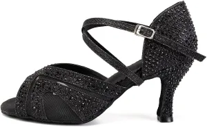 DKZSYIM Women Rhinestone Latin Ballroom Dance Shoes Bachata Salsa Practice Performance Dance Shoes,Model QJW1025