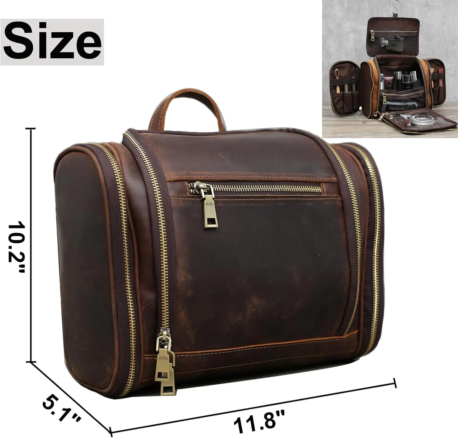 EURYNOME Toiletry Bag For Men, Genuine Leather Toiletries Organizer, Travel Hanging Toiletry Bag Large Water-resistant Bathroom Shaving Kit for Cosmetics, Makeup Case Travel Dopp Kit