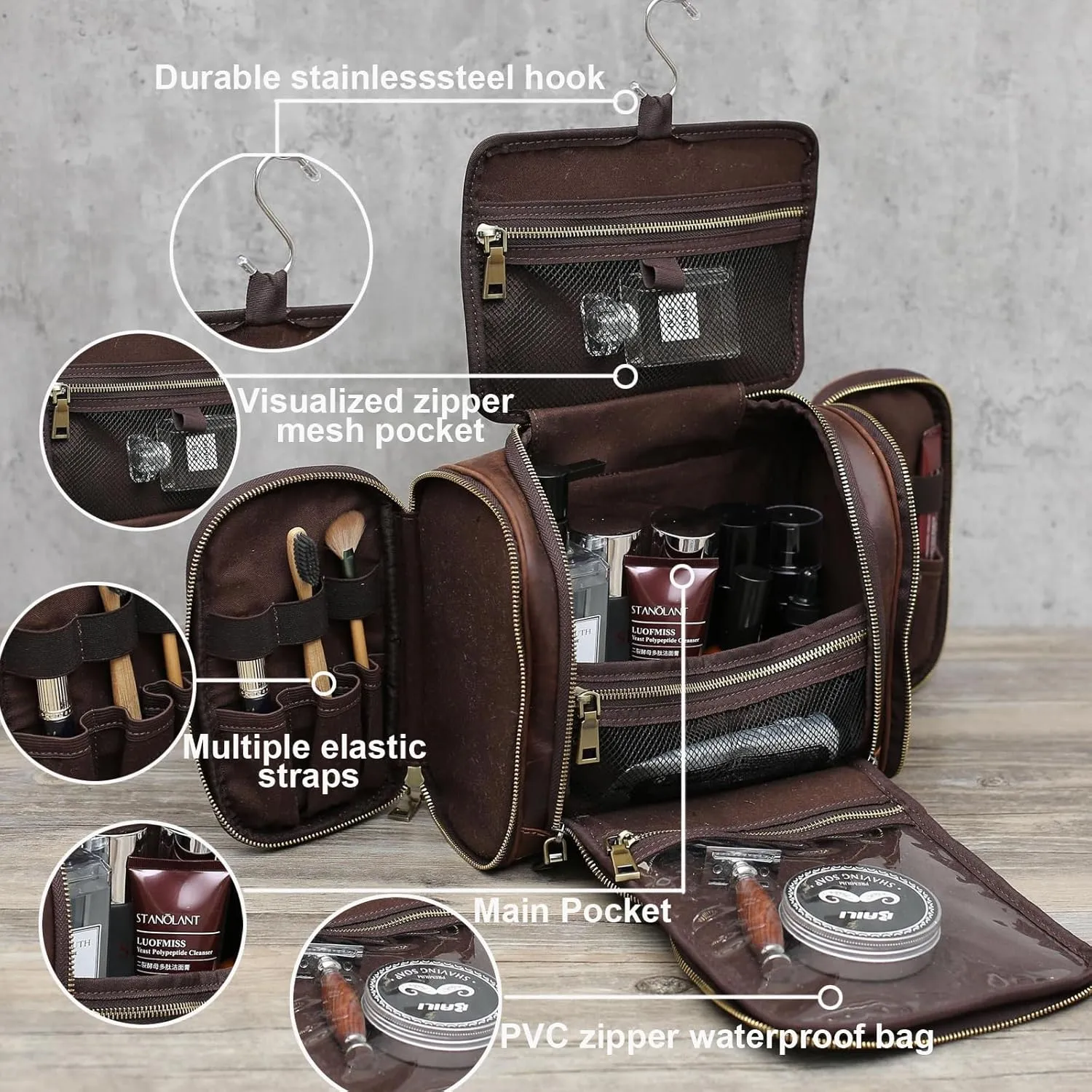 EURYNOME Toiletry Bag For Men, Genuine Leather Toiletries Organizer, Travel Hanging Toiletry Bag Large Water-resistant Bathroom Shaving Kit for Cosmetics, Makeup Case Travel Dopp Kit