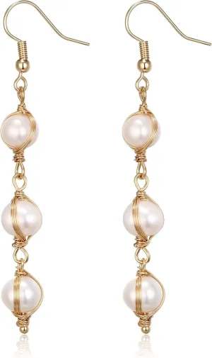 EVER FAITH Baroque Long Pearl Dangle Earrings Yellow Gold Plated Vintage Freshwater Pearls Hook Earring Dainty Wrapped Silk Handmade Wedding Eardrop Jewelry for Women