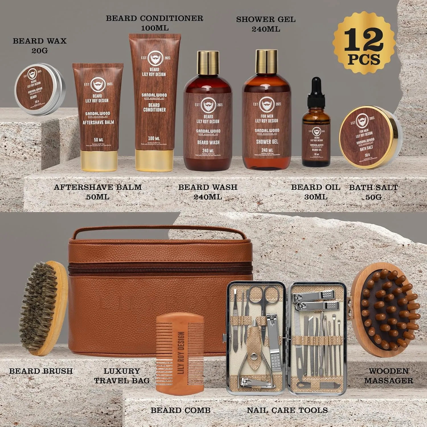 Father's Day Gift for Men - Luxury 30-Piece Sandalwood Bath & Beard Gift Set for Men, Bath & Body Care Kit for Him with Beard Wax | Christmas, Valentine's Day, Birthday, Relaxation Gift for Dad