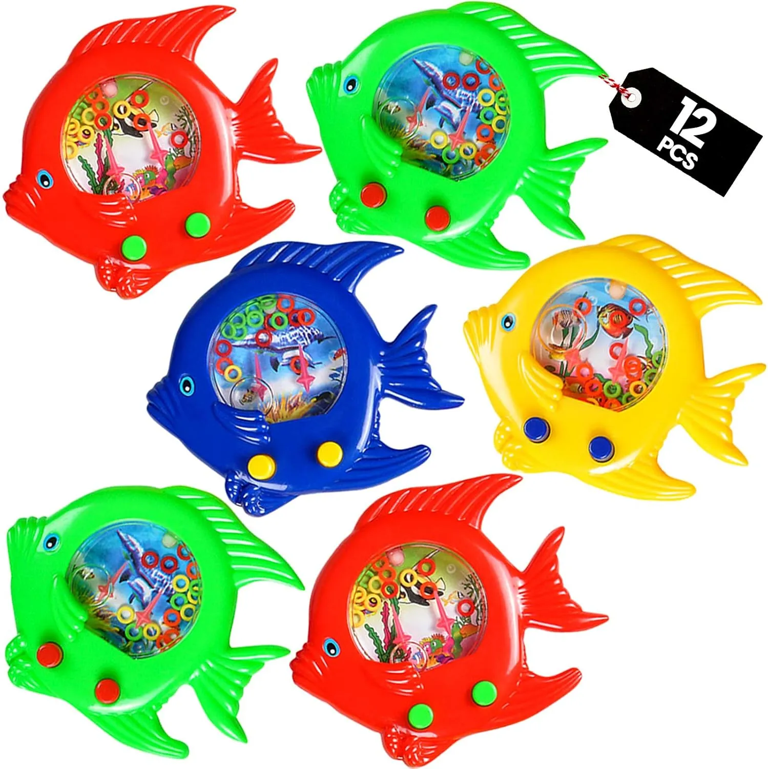 Fish Water Ring Toss Toy - (Pack of 12) Water Ring Game Handheld Fun Aqua Arcade Retro Game Pocket Travel Toys for Car Road Trip Activities for Kids Birthday Party Favors Goodie Bags Stuffers for Kids