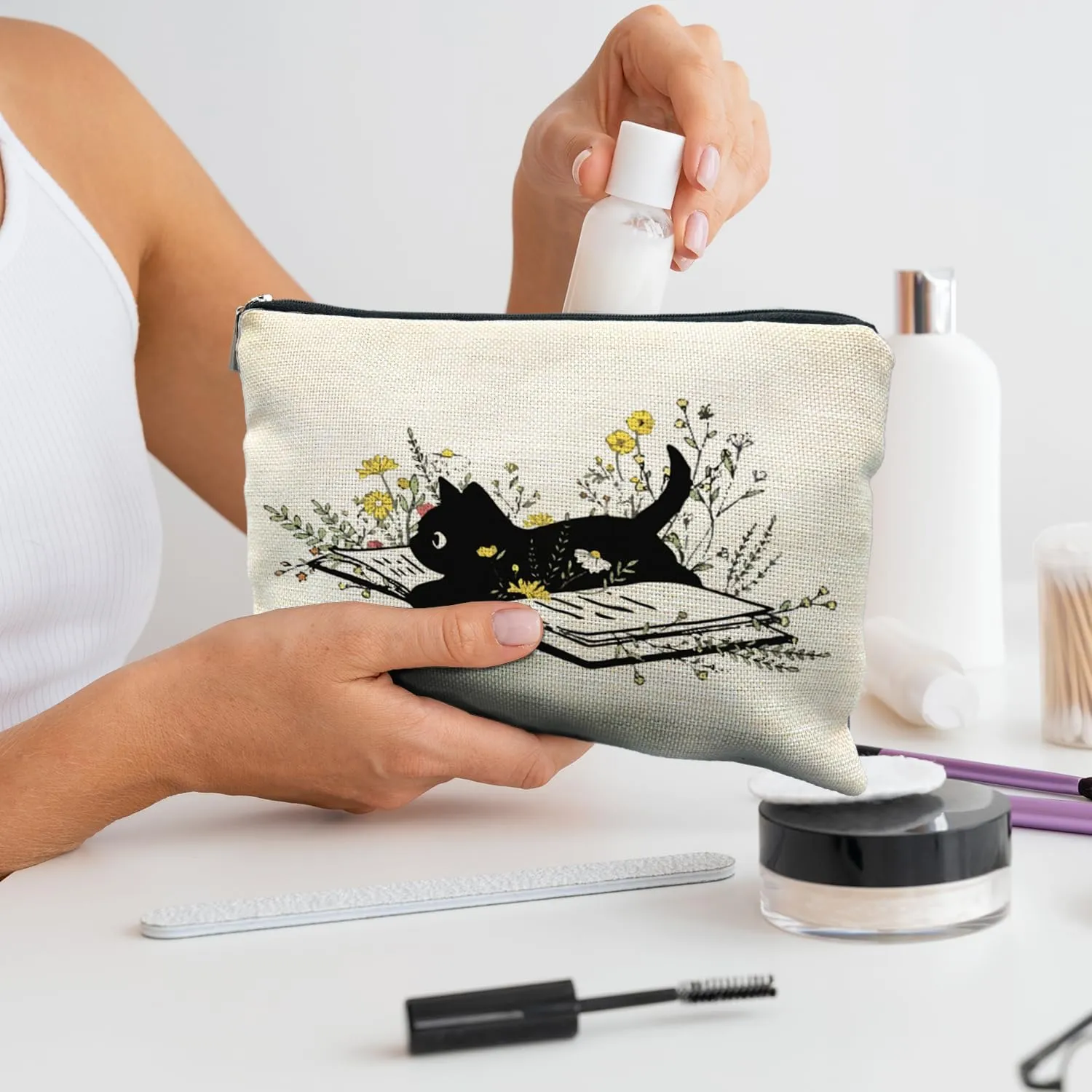 Floral Black Cat Makeup Bag, Cat Gifts for Women Cat Lovers, Black Cat Gifts, Cat Lover Gifts for Women, Cat Themed Gifts, Cat Stuff for Cat Lovers, Cat Cosmetic Bag Toiletry Bag