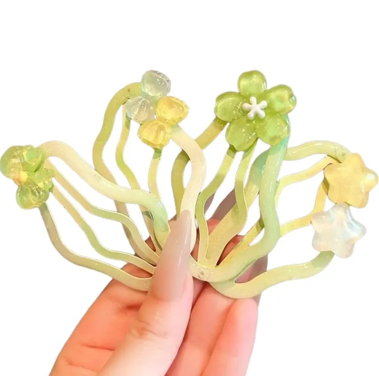 Flower Hair Clips for Girls, Translucent Green and Yellow Floral Design, 4-Pack