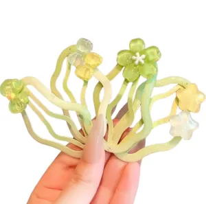 Flower Hair Clips for Girls, Translucent Green and Yellow Floral Design, 4-Pack