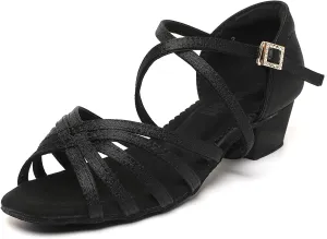 Girls Latin Dance Shoes Low Heels Ballroom Salsa Tango Performance Practice Dance Shoes for Girls Kids, White Black Tan (Toddler/Little Kid/Big Kid)