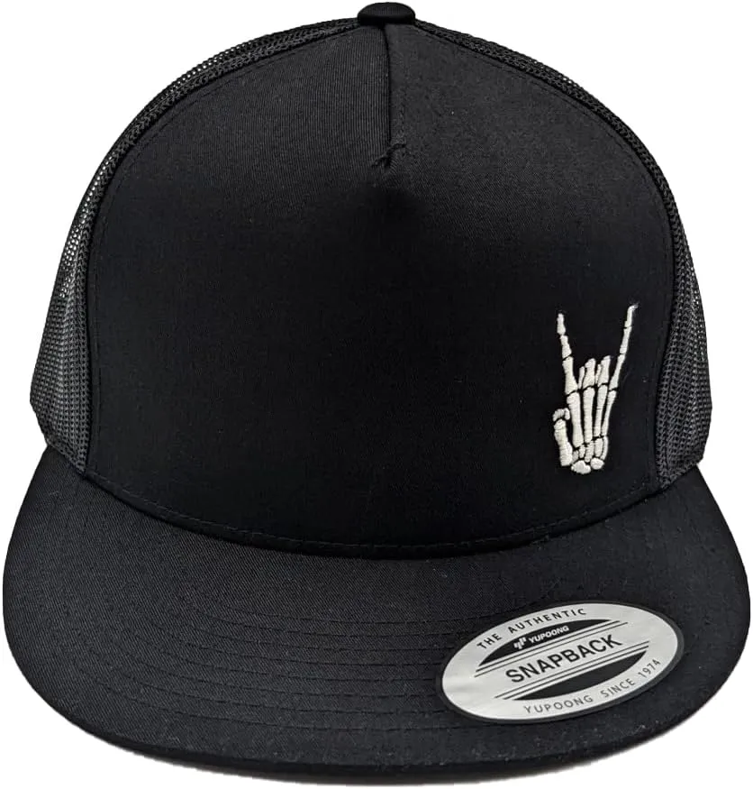 Glow in The Dark Rock On Skeleton Hand Embroidered Hat Horns Snapback Hats for Men Baseball Cap Adjustable Flat Bill Trucker Skull Hat Skateboard Hats Halloween Hats
