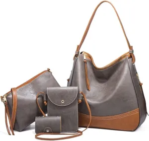 Handbags for Women Tote Bags Color Block Large Capacity Shoulder Bags Card Hold 4 Pcs Set