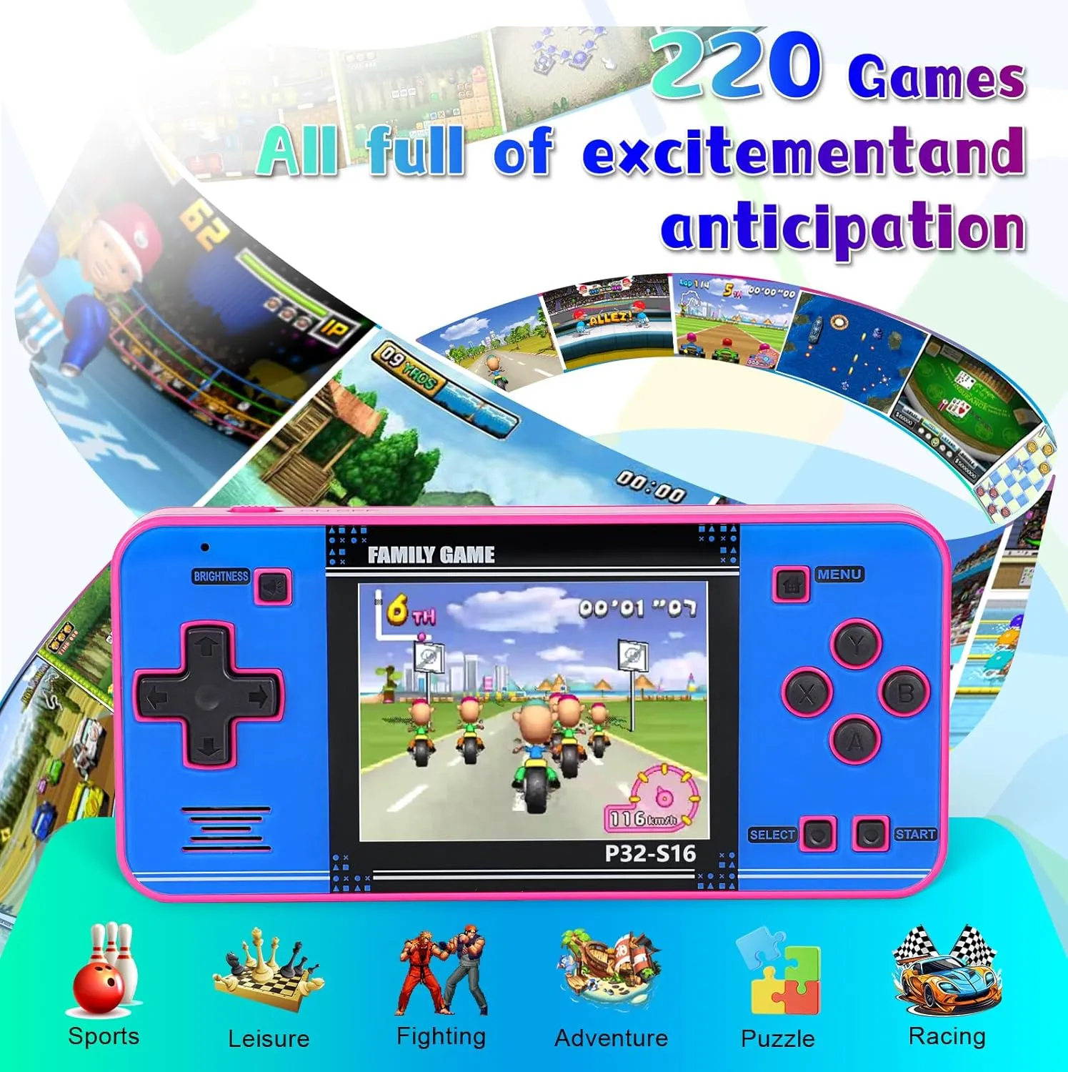 Handheld Game for Kids ，Built-in 220 32-bit Video Games, 3.0” IPS Screen, Rechargeable Portable Game , Travel Mini Arcade Electronic Toys Gift for Boys and Girls (Red Blue)