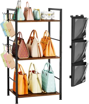 HapiRm Purse Organizer Storage Rack - Floor-Standing 3 Tier Purse Holder with Side Hooks and Transparent Pockets for Handbag Storage, High-Capacity Bag Organizer for Closet, Home, Living Room