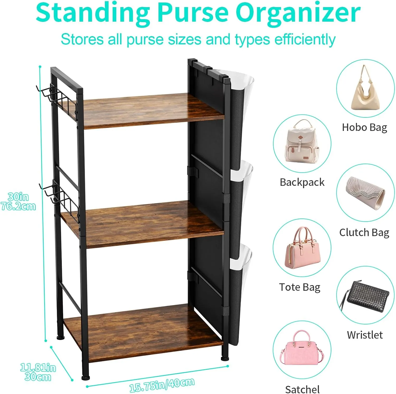 HapiRm Purse Organizer Storage Rack - Floor-Standing 3 Tier Purse Holder with Side Hooks and Transparent Pockets for Handbag Storage, High-Capacity Bag Organizer for Closet, Home, Living Room