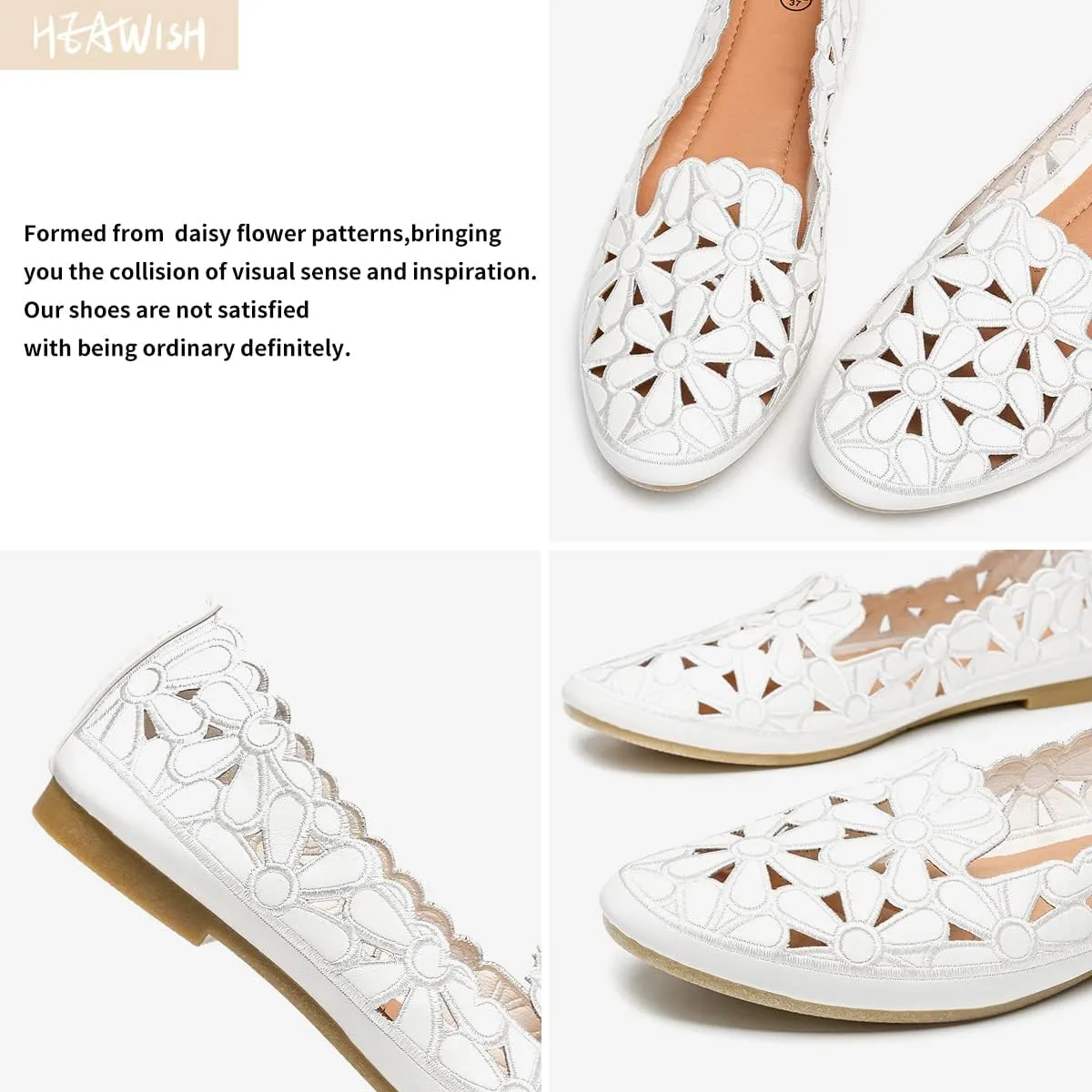 HEAWISH Women's Floral Ballet Flats for Women Black Beige Slip On Flowers PU Leather Round Toe Dress Shoes