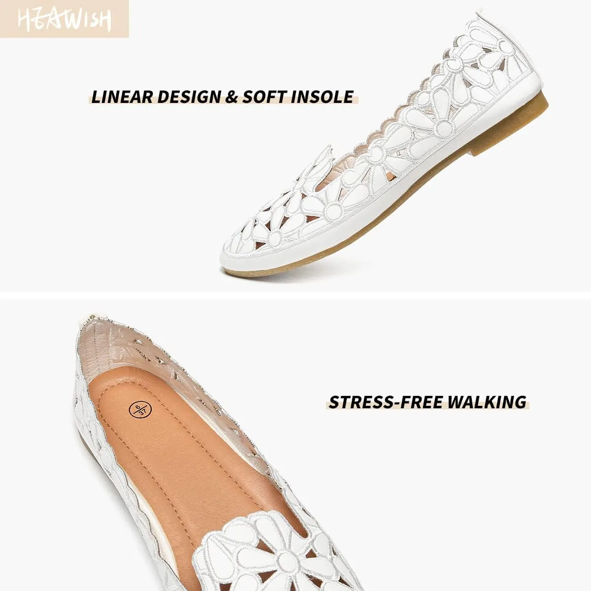HEAWISH Women's Floral Ballet Flats for Women Black Beige Slip On Flowers PU Leather Round Toe Dress Shoes