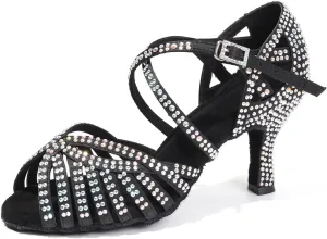 HIPPOSEUS Women's Professional Latin Dance Shoes Rhinestones Ballroom Salsa Bachata Practice Performance Dance Heels Suede Sole