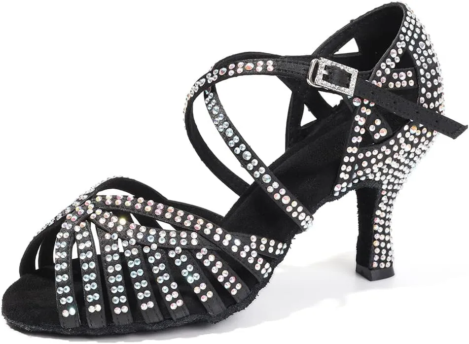 HIPPOSEUS Women's Professional Latin Dance Shoes Rhinestones Ballroom Salsa Bachata Practice Performance Dance Heels Suede Sole