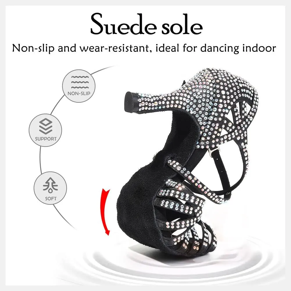 HIPPOSEUS Women's Professional Latin Dance Shoes Rhinestones Ballroom Salsa Bachata Practice Performance Dance Heels Suede Sole