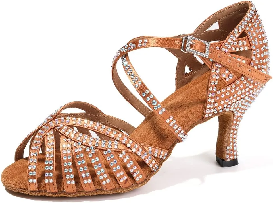 HIPPOSEUS Women's Professional Latin Dance Shoes Rhinestones Ballroom Salsa Bachata Practice Performance Dance Heels Suede Sole