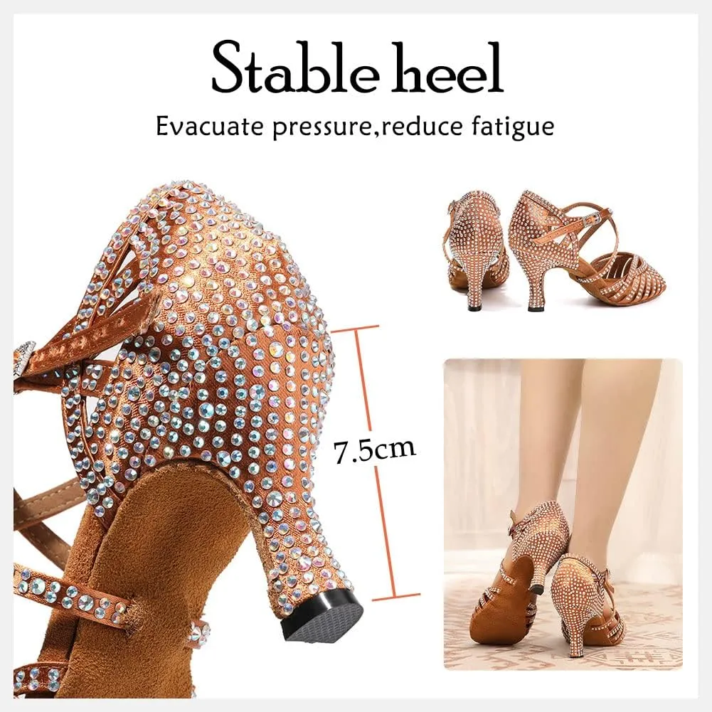 HIPPOSEUS Women's Professional Latin Dance Shoes Rhinestones Ballroom Salsa Bachata Practice Performance Dance Heels Suede Sole