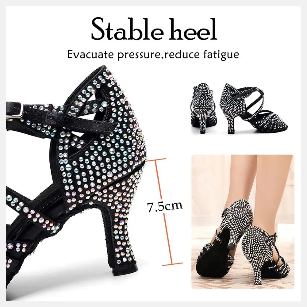 HIPPOSEUS Women's Professional Latin Dance Shoes Rhinestones Ballroom Salsa Bachata Practice Performance Dance Heels Suede Sole