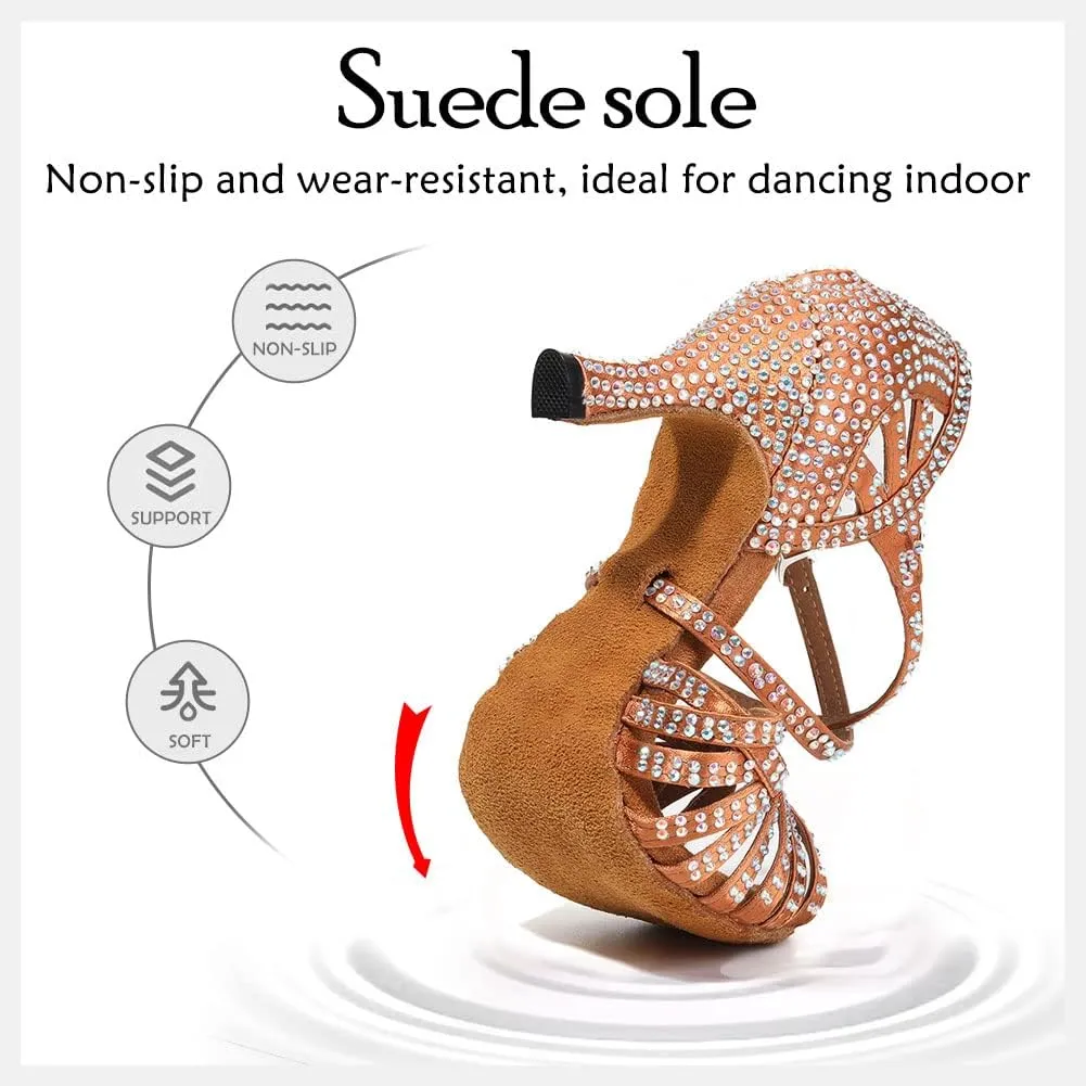 HIPPOSEUS Women's Professional Latin Dance Shoes Rhinestones Ballroom Salsa Bachata Practice Performance Dance Heels Suede Sole