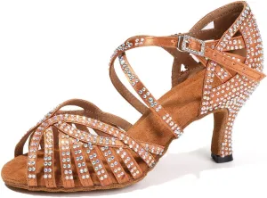 HIPPOSEUS Women's Professional Latin Dance Shoes Rhinestones Ballroom Salsa Bachata Practice Performance Dance Heels Suede Sole
