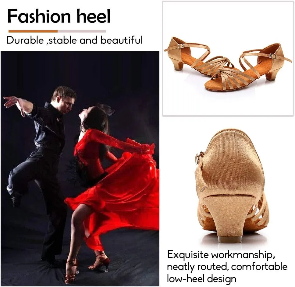 HROYL Women Satin Latin Dance Shoes 1.5inch Low Heel Salsa Practice Performance Ballroom Dancing Shoes XGG