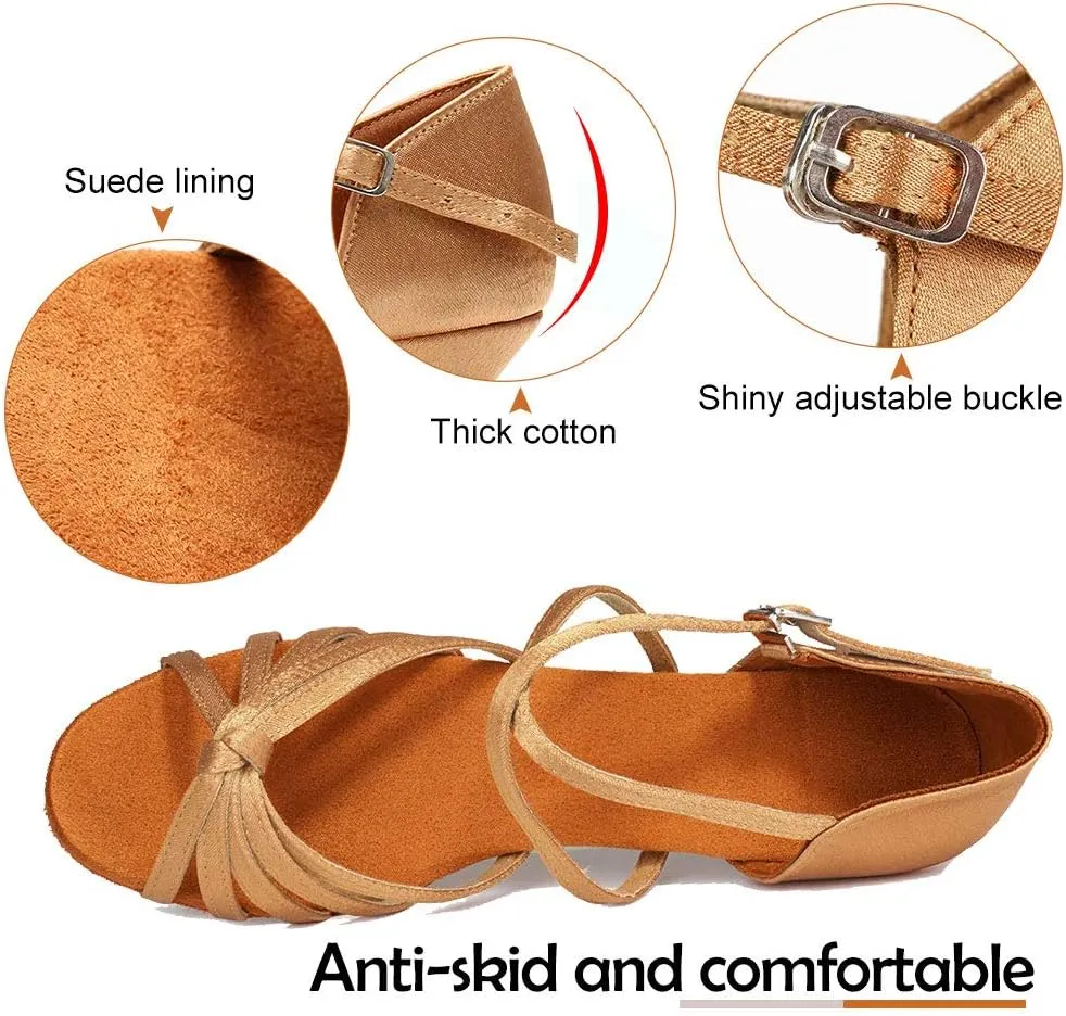 HROYL Women Satin Latin Dance Shoes 1.5inch Low Heel Salsa Practice Performance Ballroom Dancing Shoes XGG