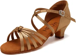 HROYL Women Satin Latin Dance Shoes 1.5inch Low Heel Salsa Practice Performance Ballroom Dancing Shoes XGG