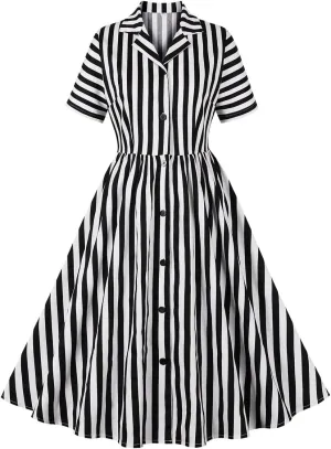 IBTOM CASTLE Women's 1950s Vertical Striped Neck Tie Vintage Button Down Cocktail Fancy Halloween Cosplay Dress