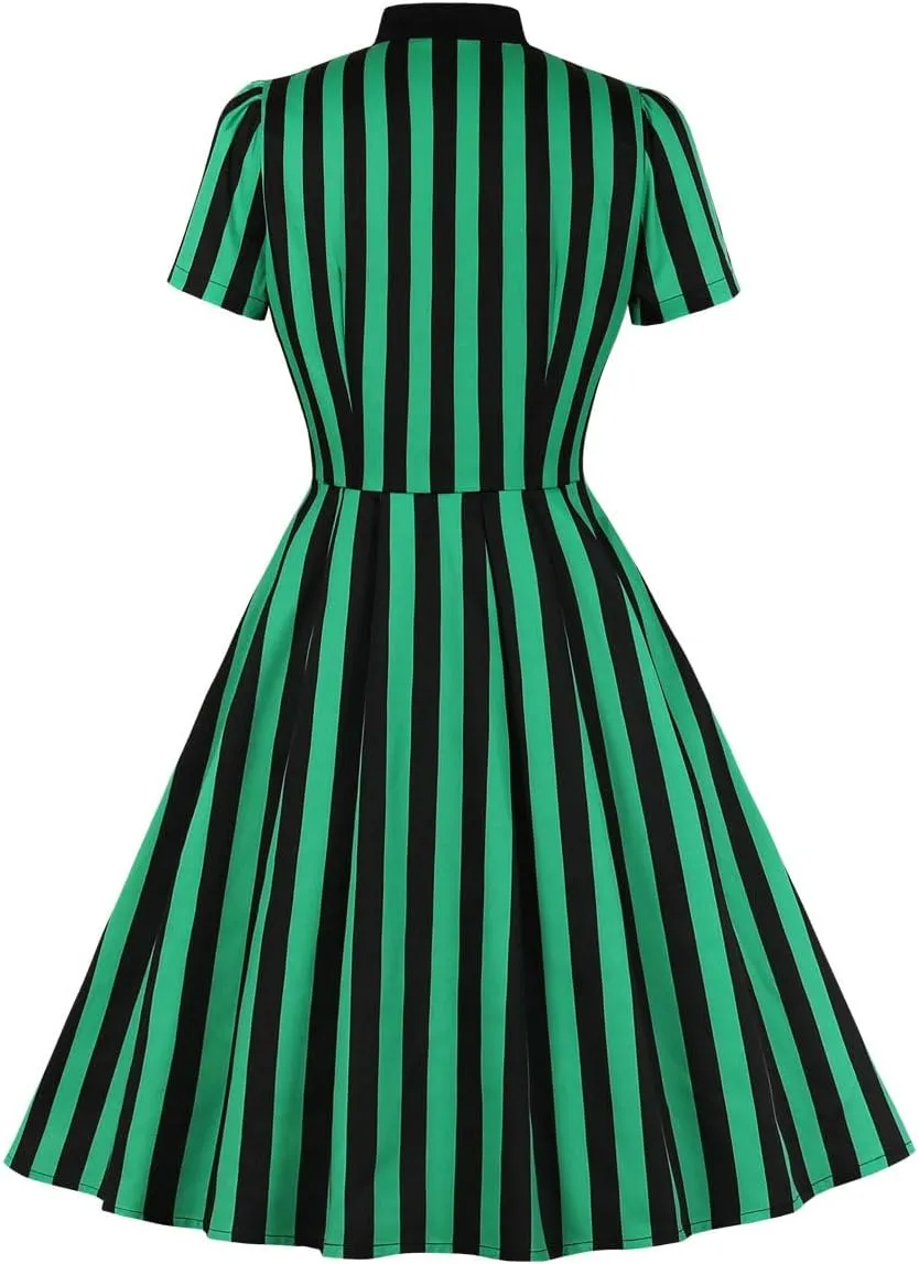 IBTOM CASTLE Women's 1950s Vertical Striped Neck Tie Vintage Button Down Cocktail Fancy Halloween Cosplay Dress