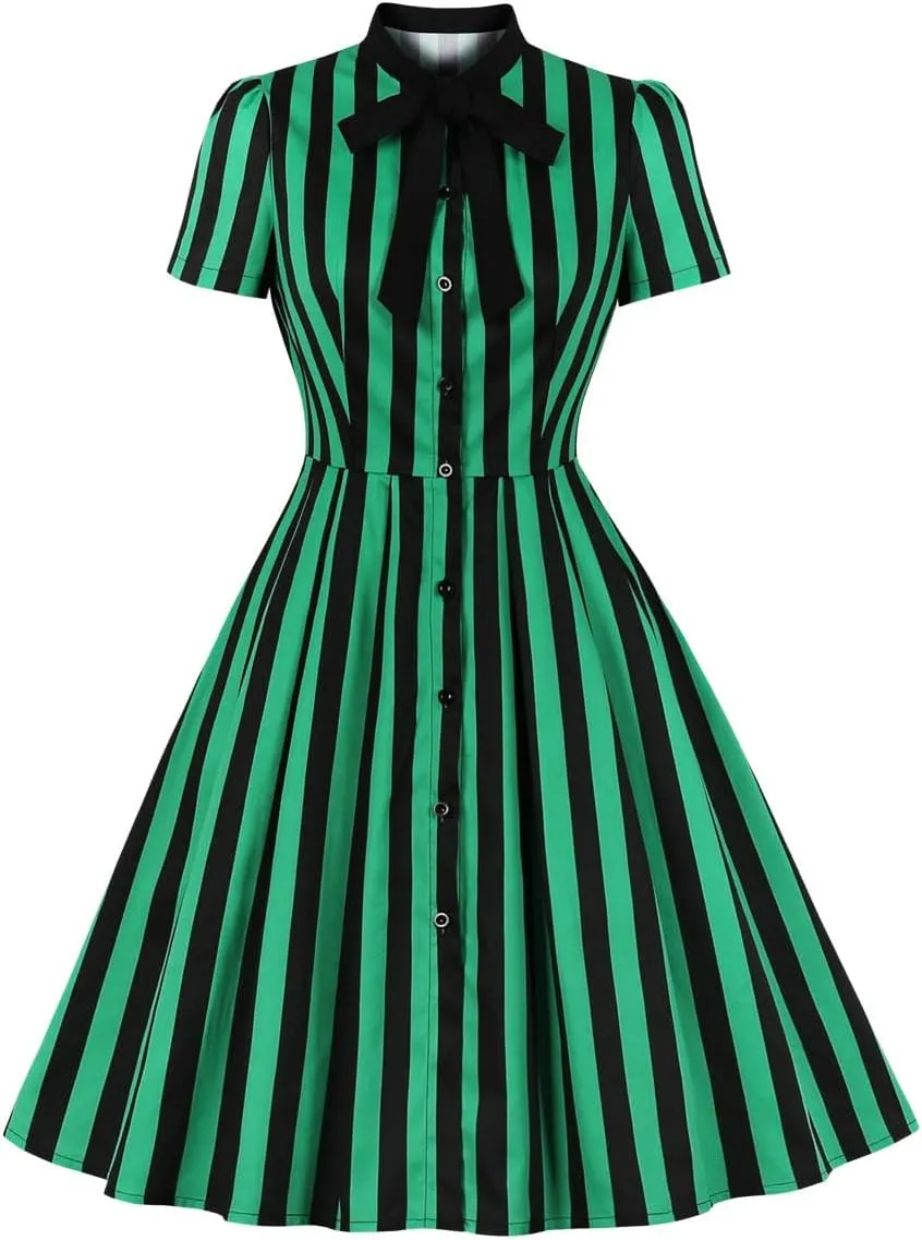 IBTOM CASTLE Women's 1950s Vertical Striped Neck Tie Vintage Button Down Cocktail Fancy Halloween Cosplay Dress