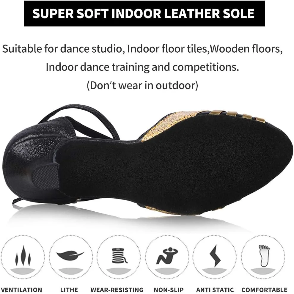 iCKER Womens Latin Dance Shoes Heeled Ballroom Salsa Tango Party Sequin Dance Shoes