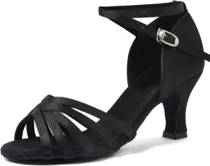 iCKER Women's Professional Latin Dance Shoes Satin Salsa Ballroom Wedding Dancing Shoes 2.4'' Heel 8 Black