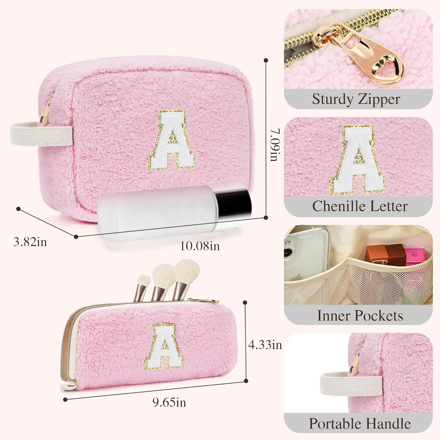 Initial Makeup Bag for Teen Girl Gifts Trendy Stuff, Pink Cosmetic Travel Bag Pouch for Women Friends Daughter Sister Wife Her, Cute Plush Make up Bags for Birthday, Graduation, Wedding Gifts F