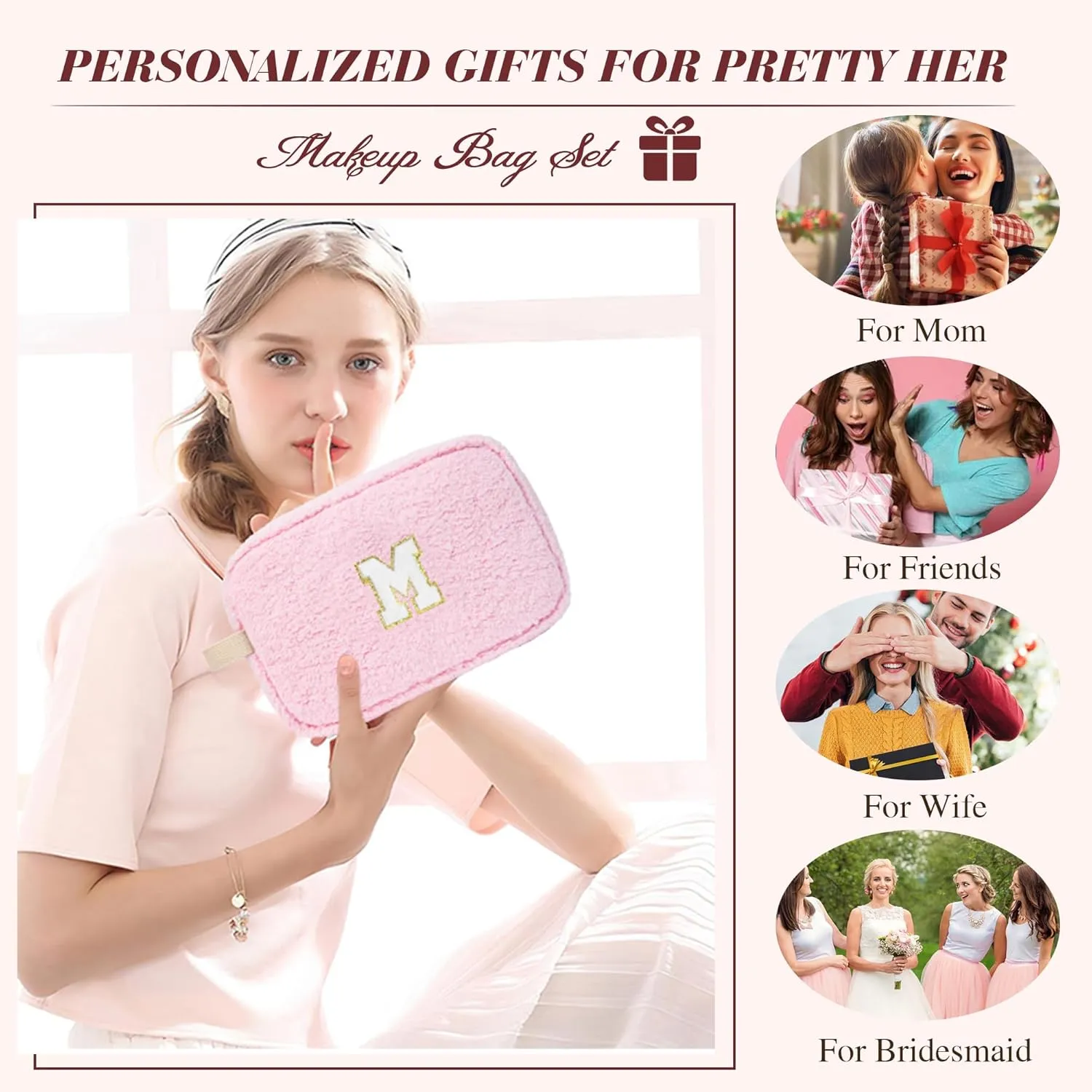 Initial Makeup Bag for Teen Girl Gifts Trendy Stuff, Pink Cosmetic Travel Bag Pouch for Women Friends Daughter Sister Wife Her, Cute Plush Make up Bags for Birthday, Graduation, Wedding Gifts F
