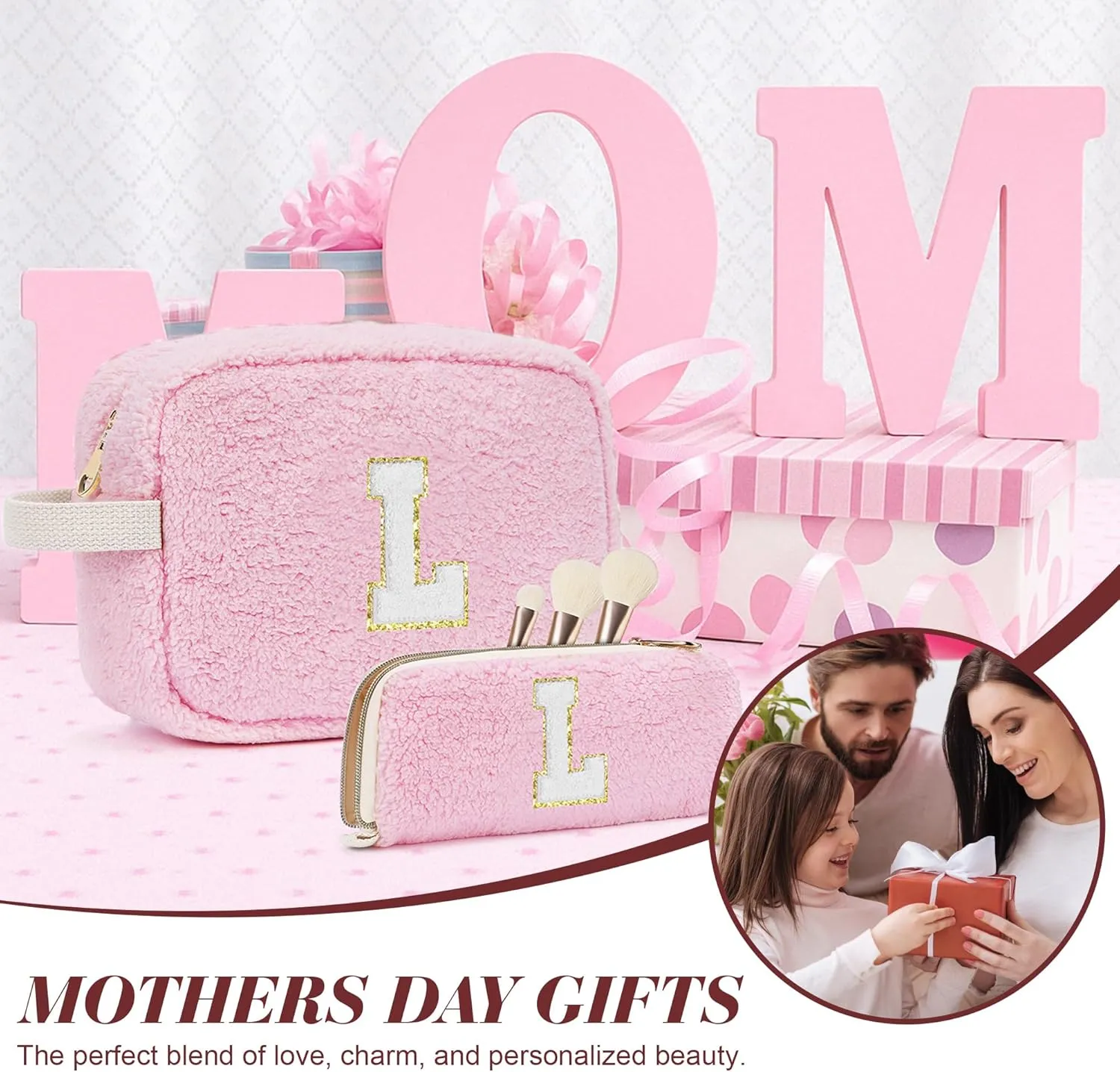 Initial Makeup Bag for Teen Girl Gifts Trendy Stuff, Pink Cosmetic Travel Bag Pouch for Women Friends Daughter Sister Wife Her, Cute Plush Make up Bags for Birthday, Graduation, Wedding Gifts F